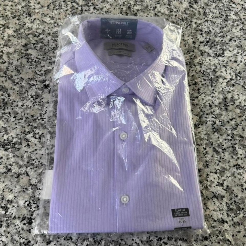 Keneth Cole Reaction‎ Purple Slim Button Down Dress Polo Shirt Large NEW